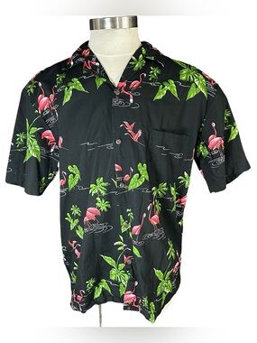 Vtg Aloha Republic Black Pink Flamingo Button Up Shirt Sz XL Hawaiian Cotton USA